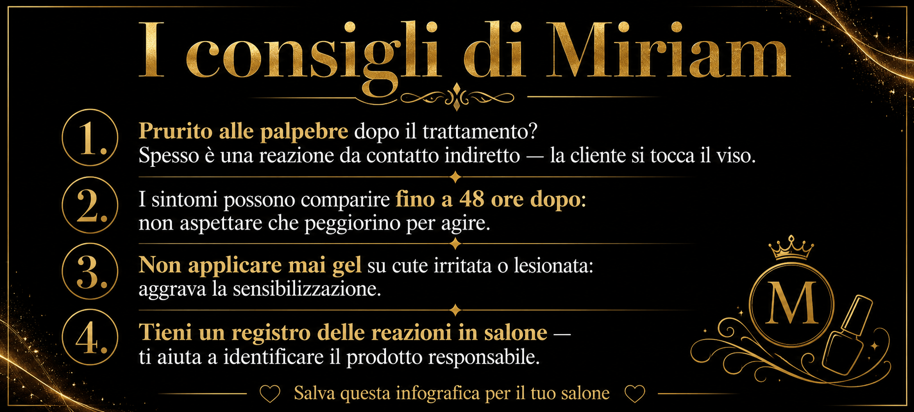 Infografica con i consigli di Miriam Barca su come riconoscere i sintomi delle allergie ai prodotti nails